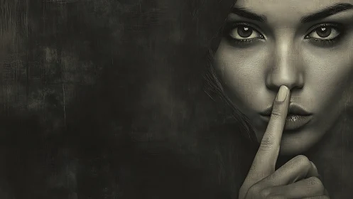 Mysterious Woman Portrait in Monochrome Whispering Gesture.