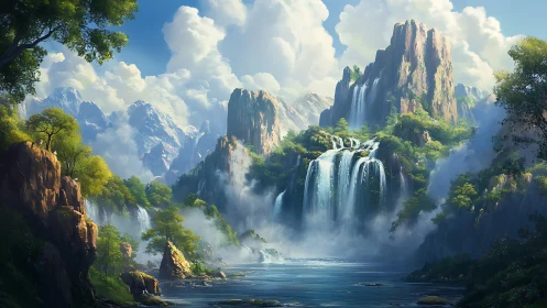 Luminous mountain cascades in misty verdant valley panorama.