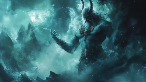 Horned mythic humanoid amid turbulent teal storm clouds.
