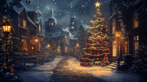 Snowy Christmas square glows with festive lights and gifts.