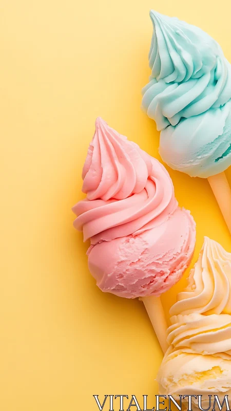 Pastel ice cream cones aligned on solid yellow background.