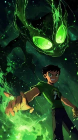 Energetic boy summoning luminous green spectral entity vortex