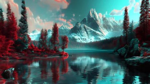 Bichromatic alpine lake with stereoscopic spectral lighting dynamics.