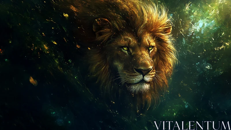 Luminescent lion portrait rendered in high-contrast digital painting