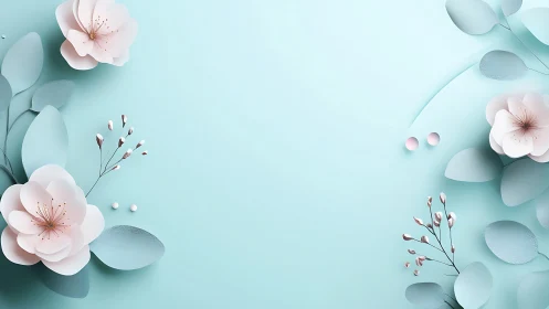 Soft Pink Blossoms and Blue Eucalyptus Foliage Against Serene Turquoise