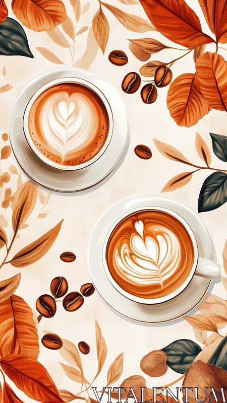 Latte art cups rest amid autumn coffee leaves and beans.