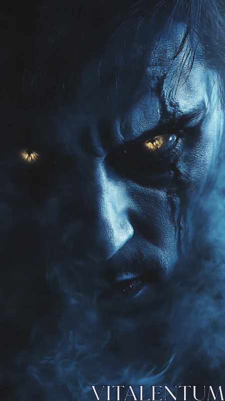Blue-lit male face with glowing eyes in dense atmospheric mist.