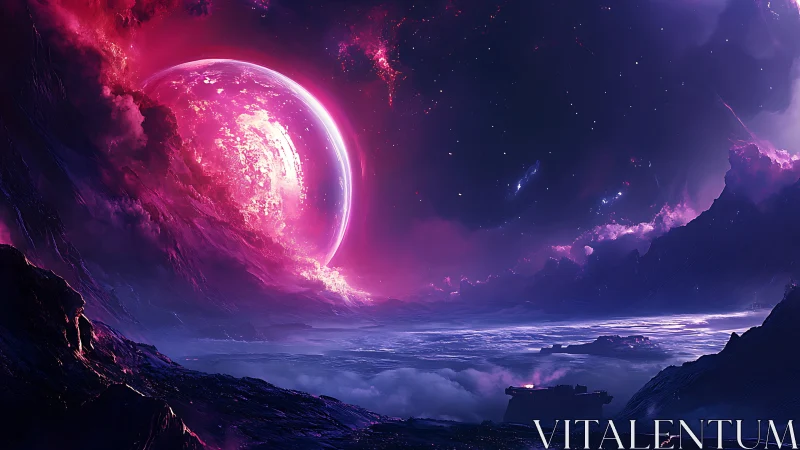 Vivid alien landscape under glowing pink celestial body.