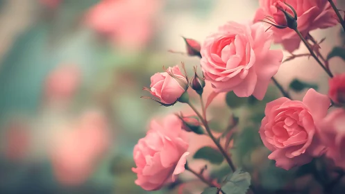 Pink roses in various bloom stages with soft background.