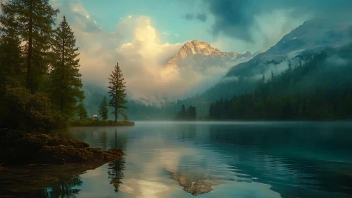 Fog-kissed lake cradling sunrise-lit mountain guardians.