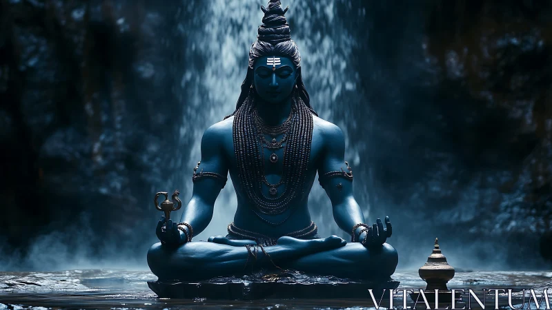 Blue meditative figure seated before cascading waterfall.