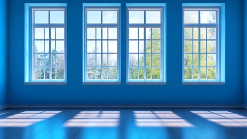 Four tall blue windows quietly choreograph sunlit geometry