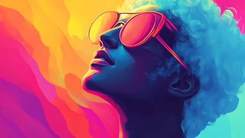 Vibrant neon portrait with reflective sunglasses glow.