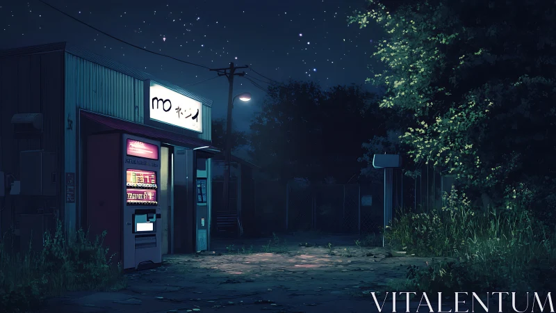 Lonely roadside vending machine glows softly under starlit sky
