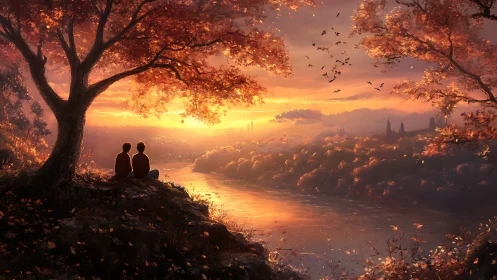 Two figures beneath golden tree overlooking misty river valley at sunset