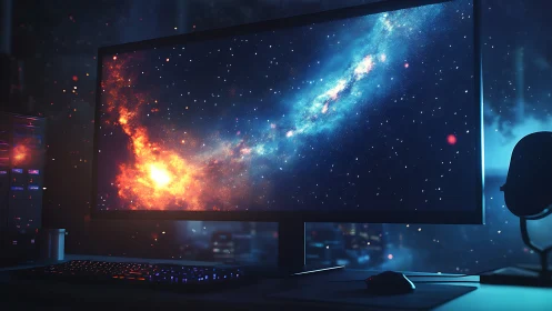 Wide gaming monitor displays high-resolution galaxy scene