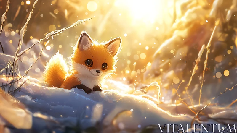 Golden backlit fox cub resting in luminous winter snowfield.