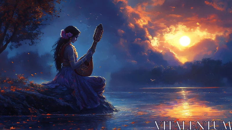 Woman holding stringed instrument sits by reflective lake at sunset
