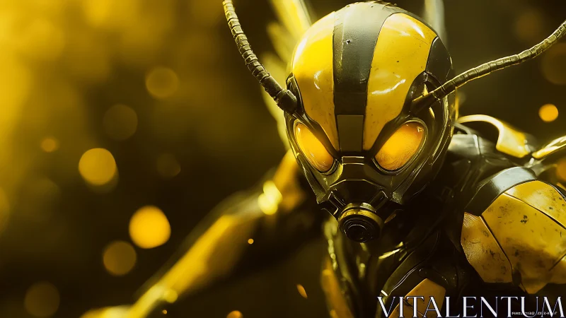 Cybernetic yellow wasp warrior in dynamic close-up portrait.