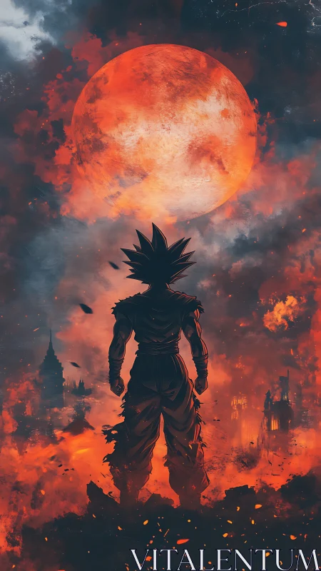 Lone warrior under blood-red moon over burning skyline.