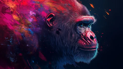 Gorilla portrait in neon color splashes on dark field.