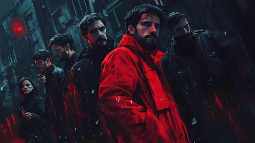 Brooding urban crew stands under harsh red neon glow