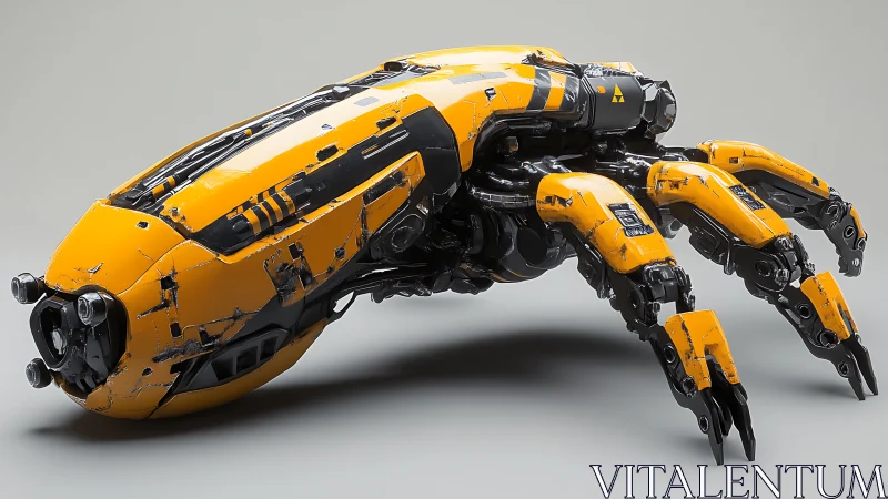 Bright yellow mech spider rests in sleek industrial light