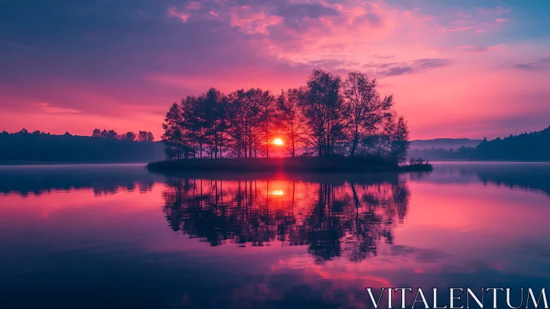 Small tree island in lake with symmetrical sunset reflection.