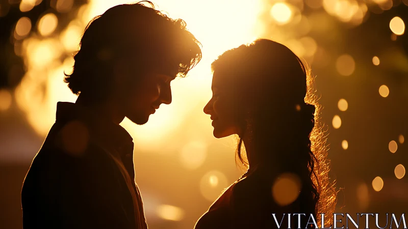 Two figures facing each other in golden sunset glow silhouette