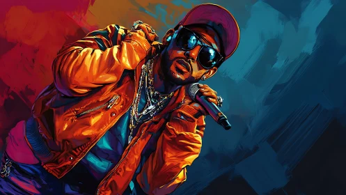 Neon-lit hip hop vocalist in dynamic three-quarter stage pose