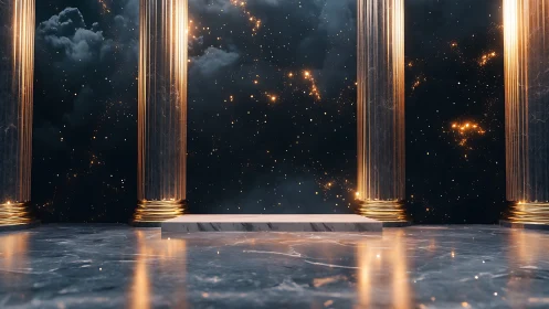 Celestial marble podium framed by luminous neoclassical columns.