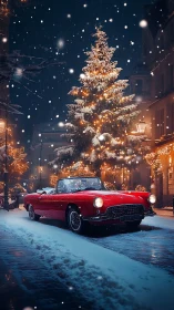 Red vintage cabriolet glows under snowy Christmas lights
