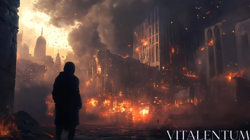 Lone survivor quietly studies a city swallowed by flames