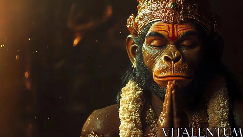 Devotional monkey deity sculpture glows in warm sacred light