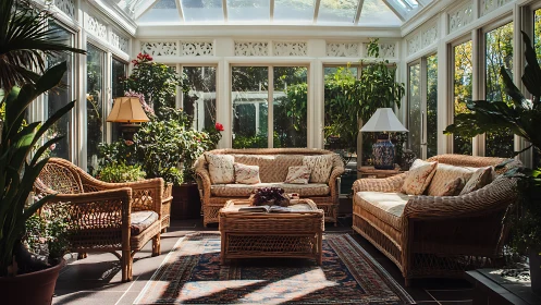 Conservatory seating area shows wicker sofas, plants and skylight
