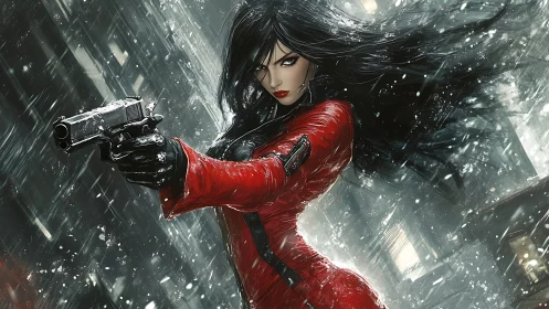 Midnight heroine in red coat storms the neon snowstorm.