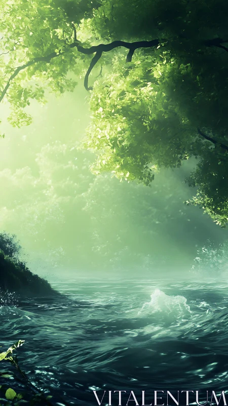 Sunlit forest river churns under luminous green canopy.