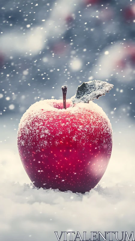 Red apple coated with granular snow in shallow depth of field
