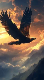 Soaring golden eagle over sunlit clouded mountainscape.