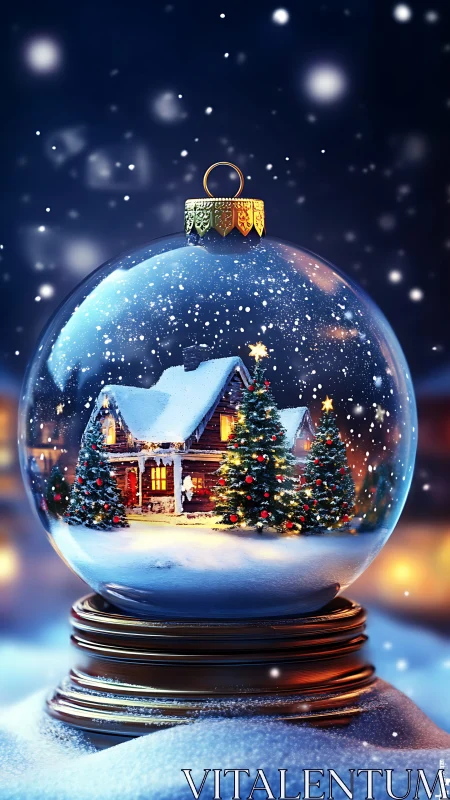 Cozy winter cabin glowing inside a magical snow globe.