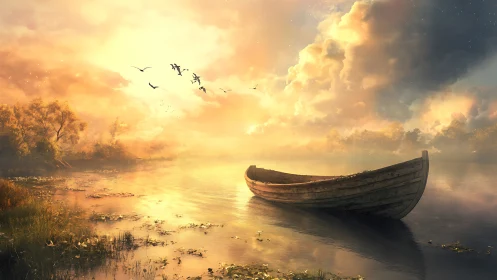 Sunlit wooden boat drifting into a honey-gold dreamscape.
