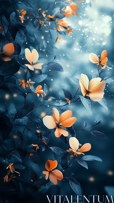 Orange and Cream Flowers in Luminous Blue Atmosphere