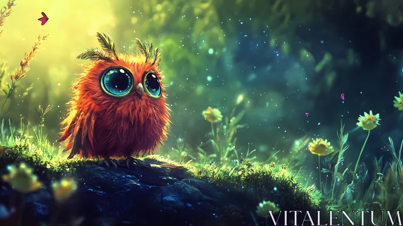 Neon-lit fluffy owl with oversized reflective eyes in luminous meadow