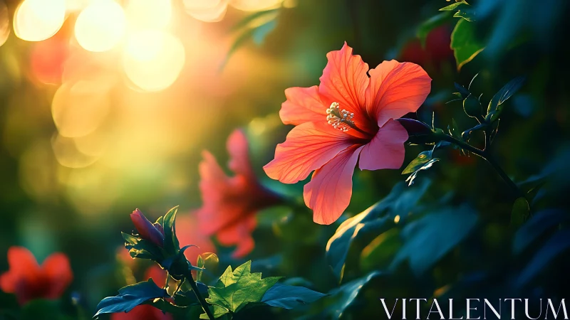 Coral hibiscus blooms bathe in golden hour radiance. Breathtaking floral moment.