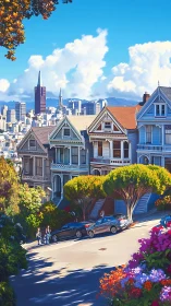 Painted Lady houses glow above a bright San Francisco skyline