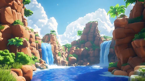 Stylized tropical canyon with twin waterfalls and river.