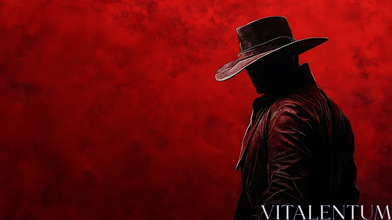 Silhouetted cowboy stands against deep textured red backdrop