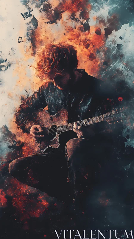 Guitarist in fiery abstraction with moody, textured atmosphere.