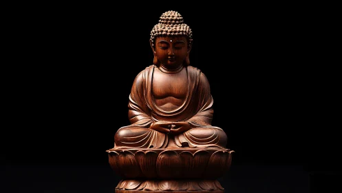 Wooden Buddha sculpture in lotus pose on black background.