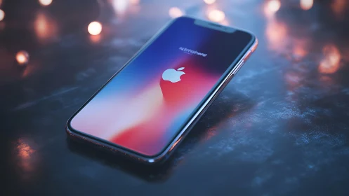 iPhone with Apple logo displayed on bokeh surface.